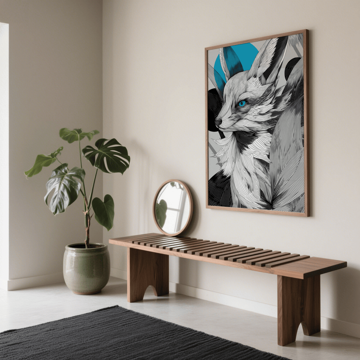Japanese Fox Print on a wall in a hall with a wooden bench and a potted plant