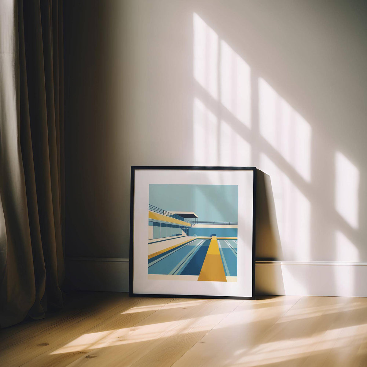 Framed Pool Print of an urban swimming pool illustration with blue and yellow tones leaning against a wall