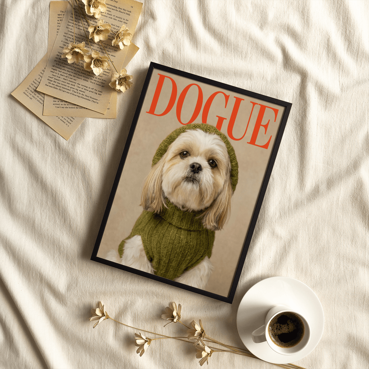 Framed Shih Tzu wall print of a dog in a green sweater with dried flowers and a coffee cup nearby
