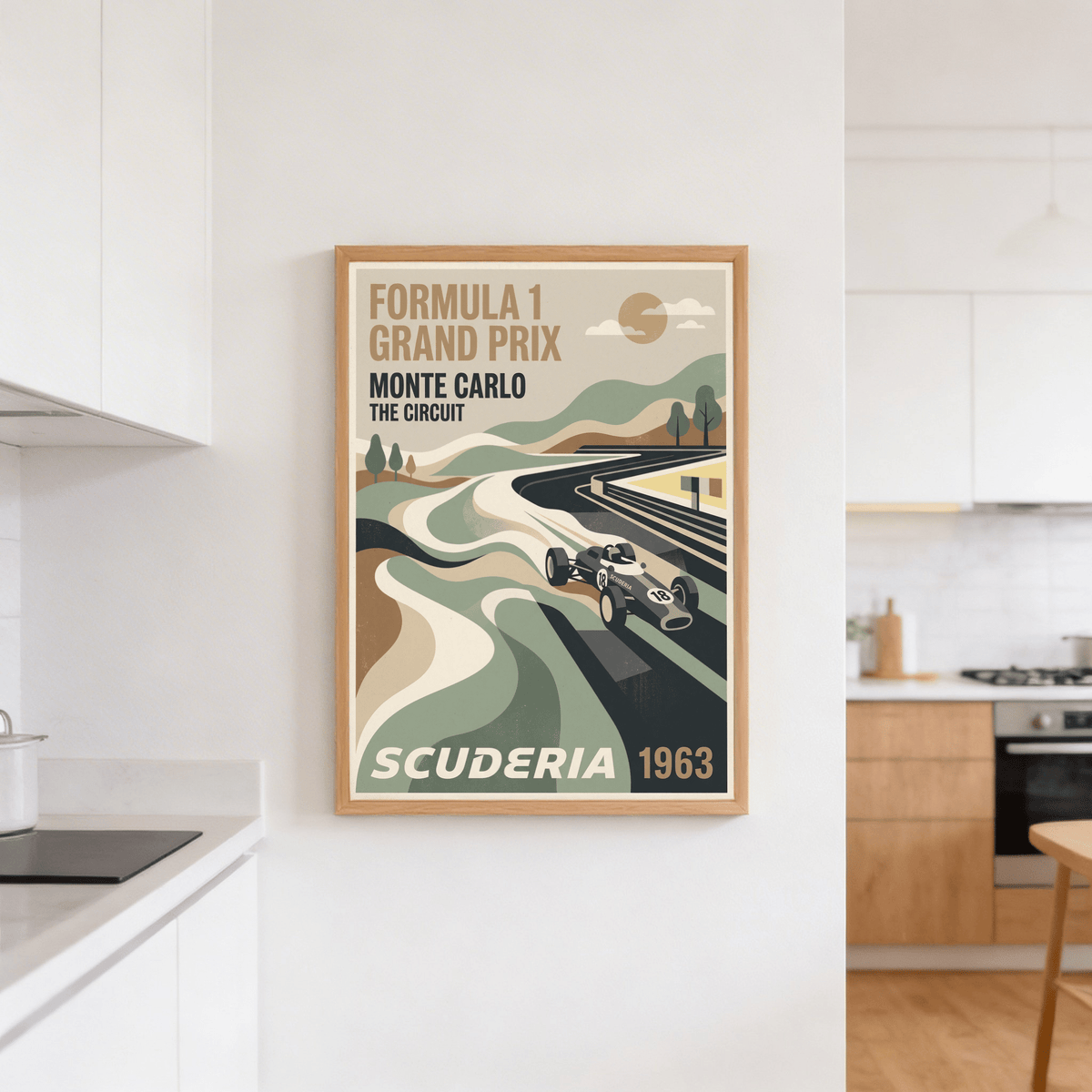 Motorsport poster with bold corner composition, car 18 exiting curve and scenic hills backdrop