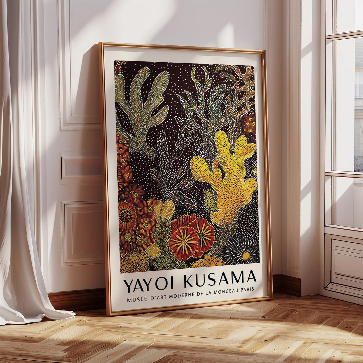 Coral Reef Art Abstract print leaning on floor with sunlight and white curtains nearby
