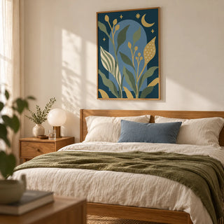 Celestial Wall Art, framed on the wall of a calm adult bedroom with a warm white wall and simple mid-century furniture