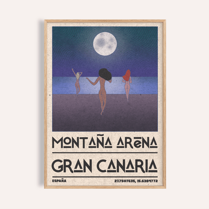 Beach Figures Art Print with three female figures walking toward moonlit ocean