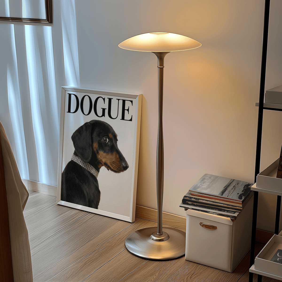 Print leaning on floor light beside lamp with beige curtain and pile of magazines