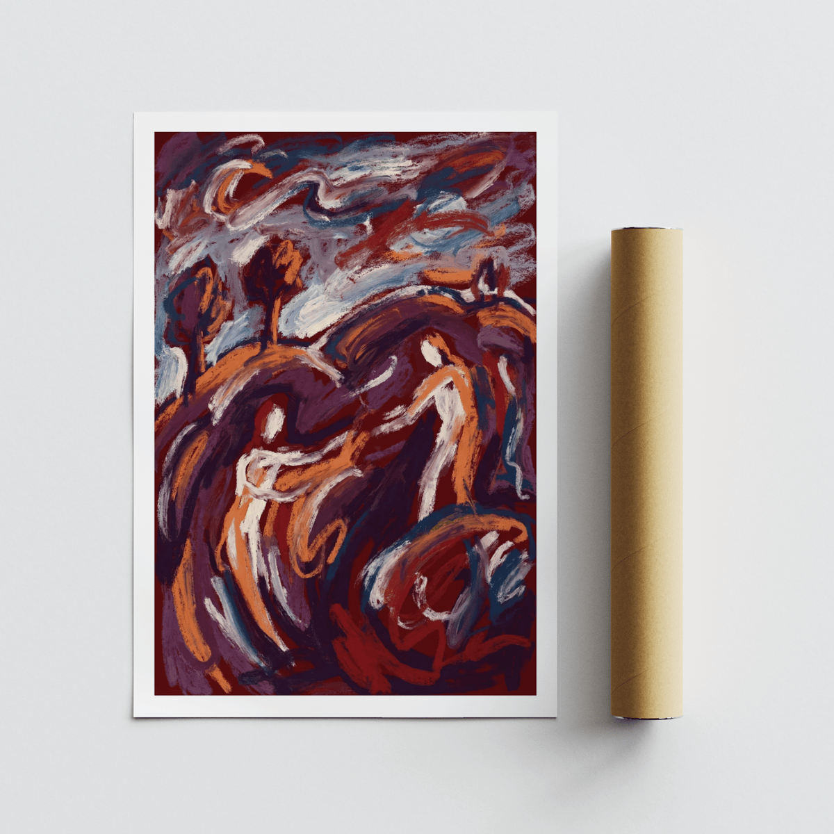 Abstract Couple Art Print with abstract figures in orange and blue next to a cardboard packaging tube