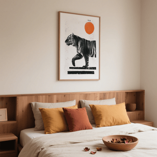 Indian Tiger Print hanging above a bed with mustard and terracotta cushions in a minimalist bedroom