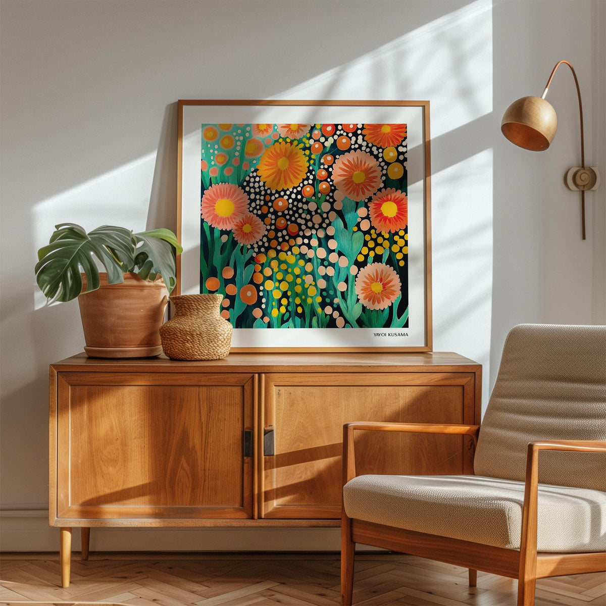 Colorful flower art displayed in a wooden frame above a sideboard with plants and basket