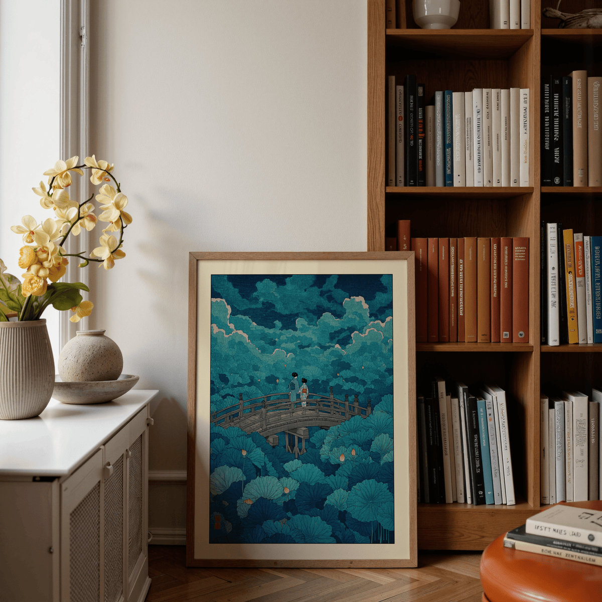 Foreground lotus pads and buds wall art print with bridge spanning mid-scene