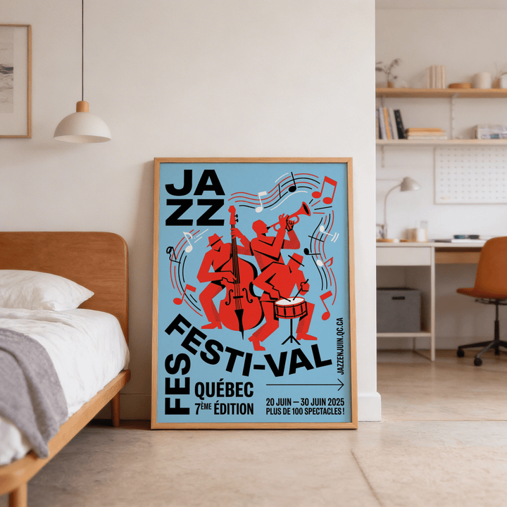 Print leaning on floor of musical event wall art with red band figures on blue background near bed