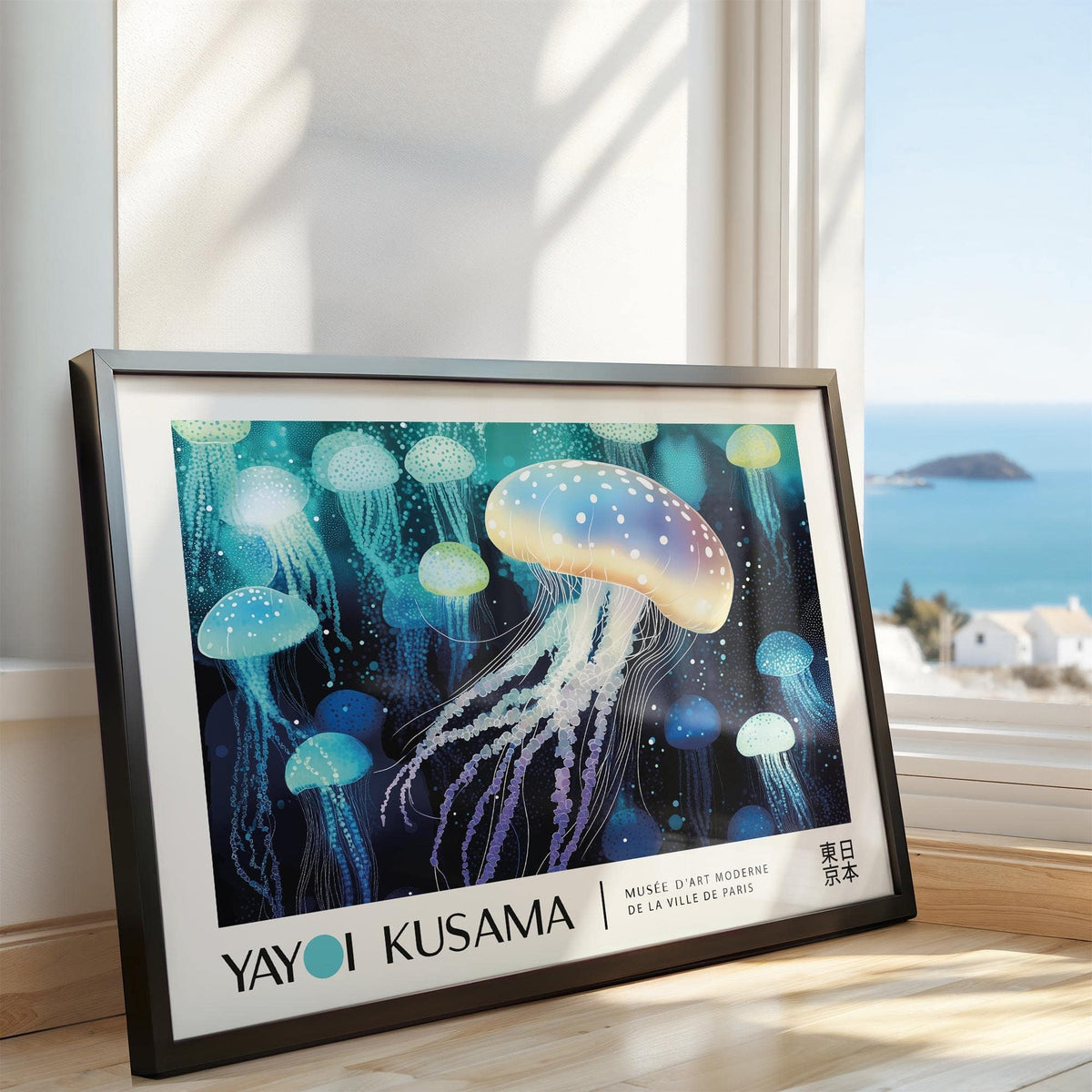 Jellyfish wall art with a large spotted jellyfish in blues and purples leaning on a sunlit floor by a window