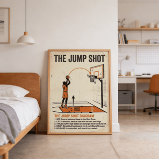 Print leaning on the floor of a bedroom The Jump Shot Diagram Print with orange and black illustration