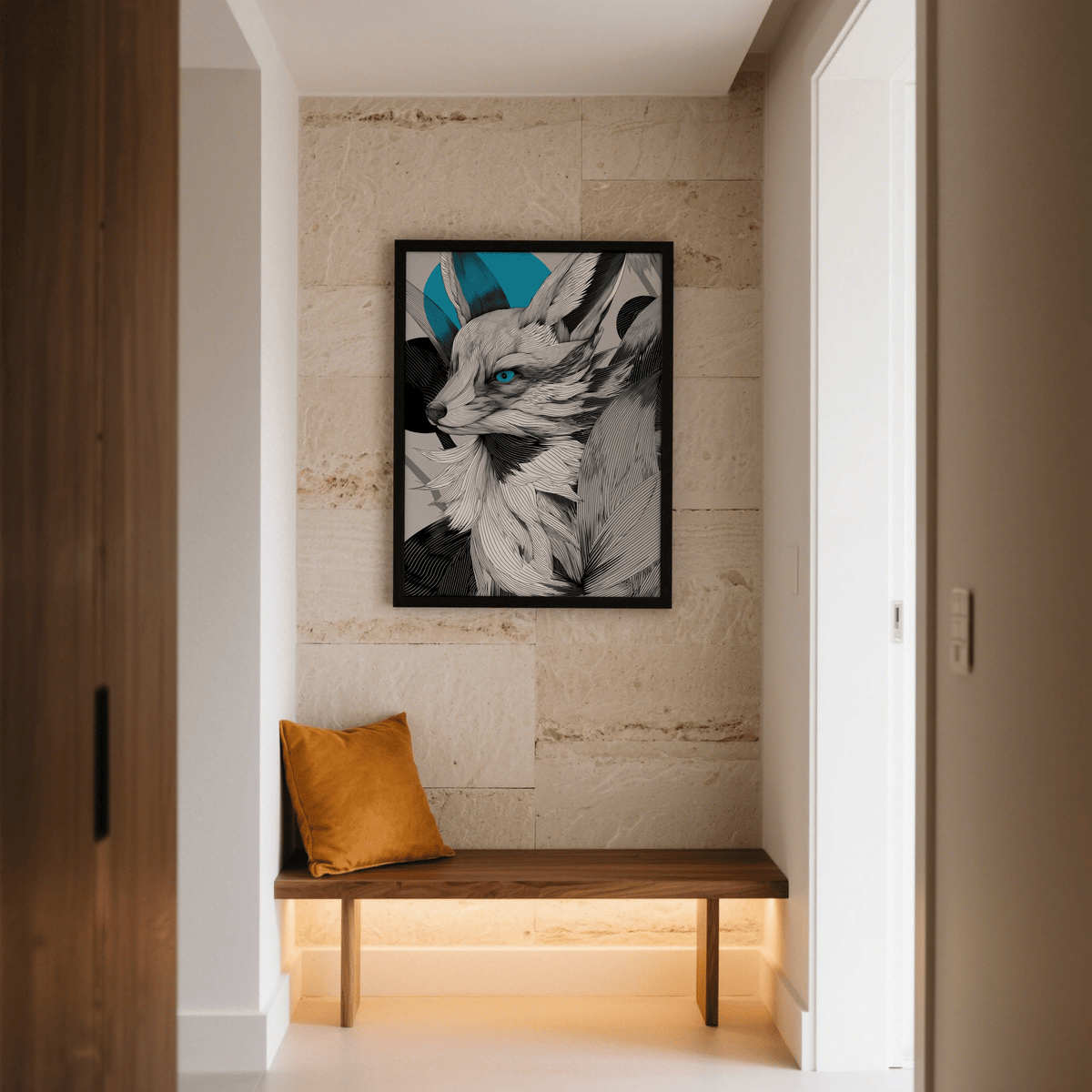 Japanese Fox Print wall art of a fox head in black white and blue above a wooden bench with a cushion