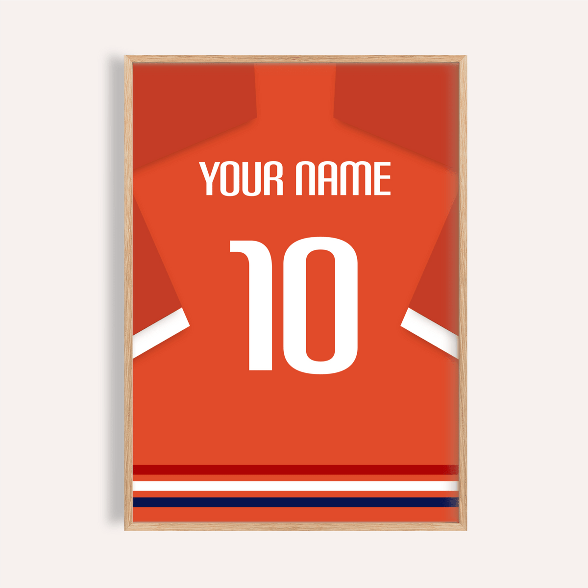 Framed Football Shirt Poster in orange-red with white number and minimalist design