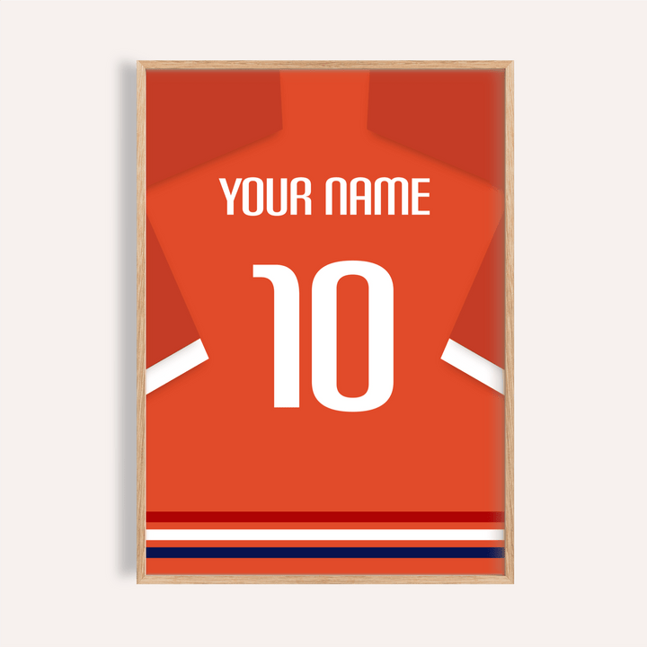 Framed Football Shirt Poster in orange-red with white number and minimalist design