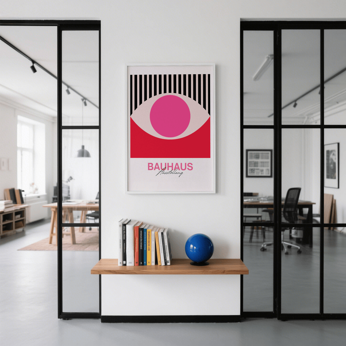 Abstract Eye Art print on a wall with a blue globe on a wooden shelf underneath in an office space