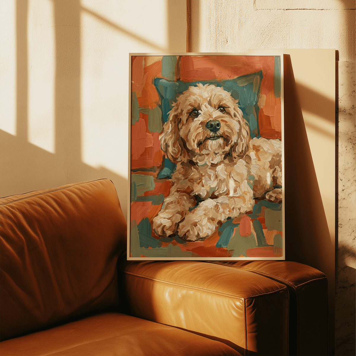 Cockapoo Print leaning on a brown leather sofa with sunlight and shadows across it