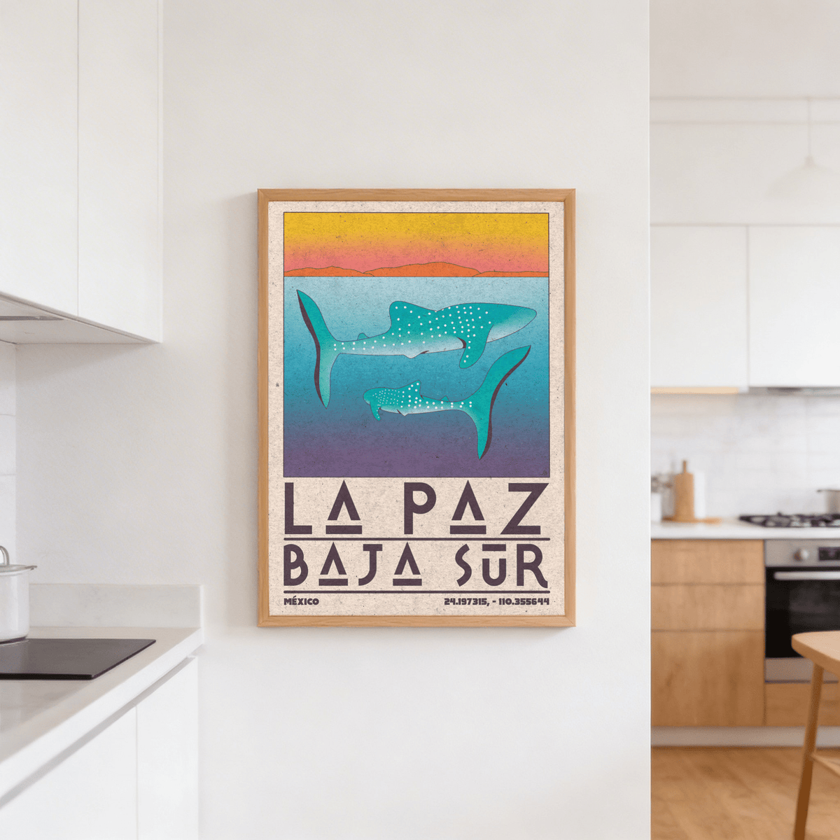 La Paz Mexico Poster wall art of blue whale sharks in water with orange sunset hanging in a kitchen