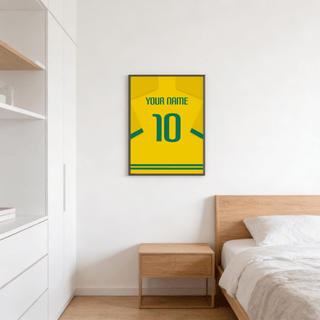 Football Shirt Poster in Yellow with Green Number hanging above a bedside table in a bedroom