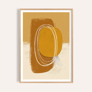 Framed minimalist organic wall art in brown and ochre with white line shapes