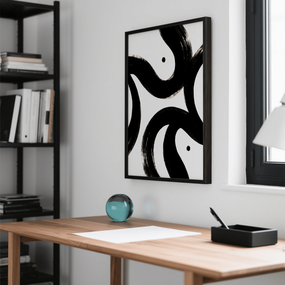 Black and White Posters framed print of bold abstract black brush strokes above a modern wooden desk