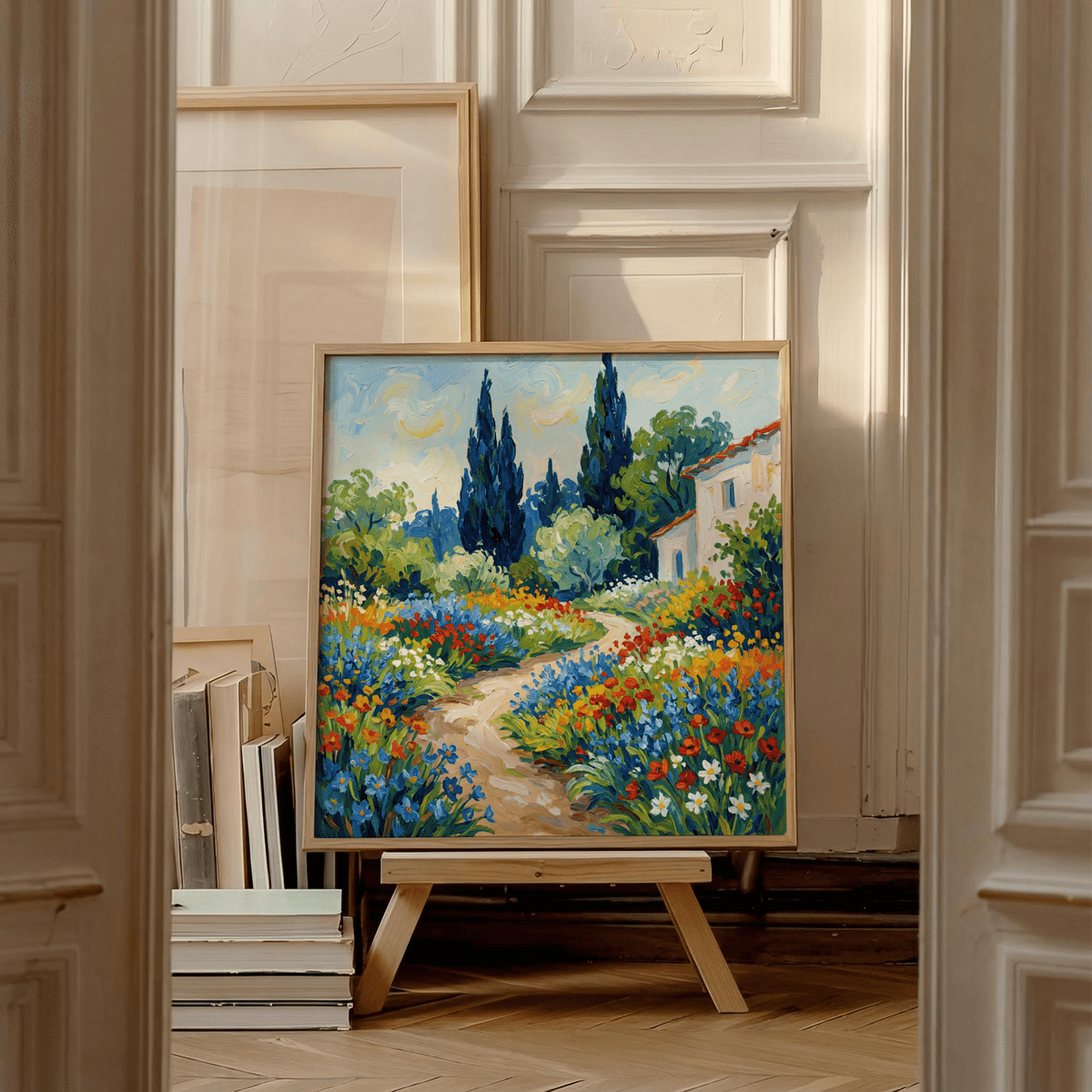 Print leaning on a wooden easel of a garden pathway with colourful flowers and tall trees