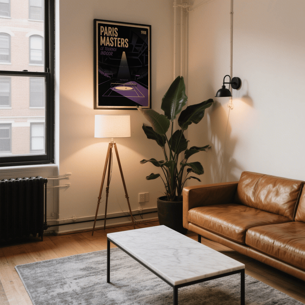 Paris Masters Art Print framed print on a living room wall with a leather sofa and a floor lamp