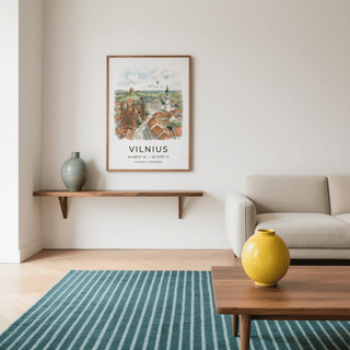 Vilnius City Print hanging above a wooden shelf with a green vase in a neutral living room