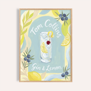 Framed Tom Collins art print with watercolour cocktail and lemon and berry details