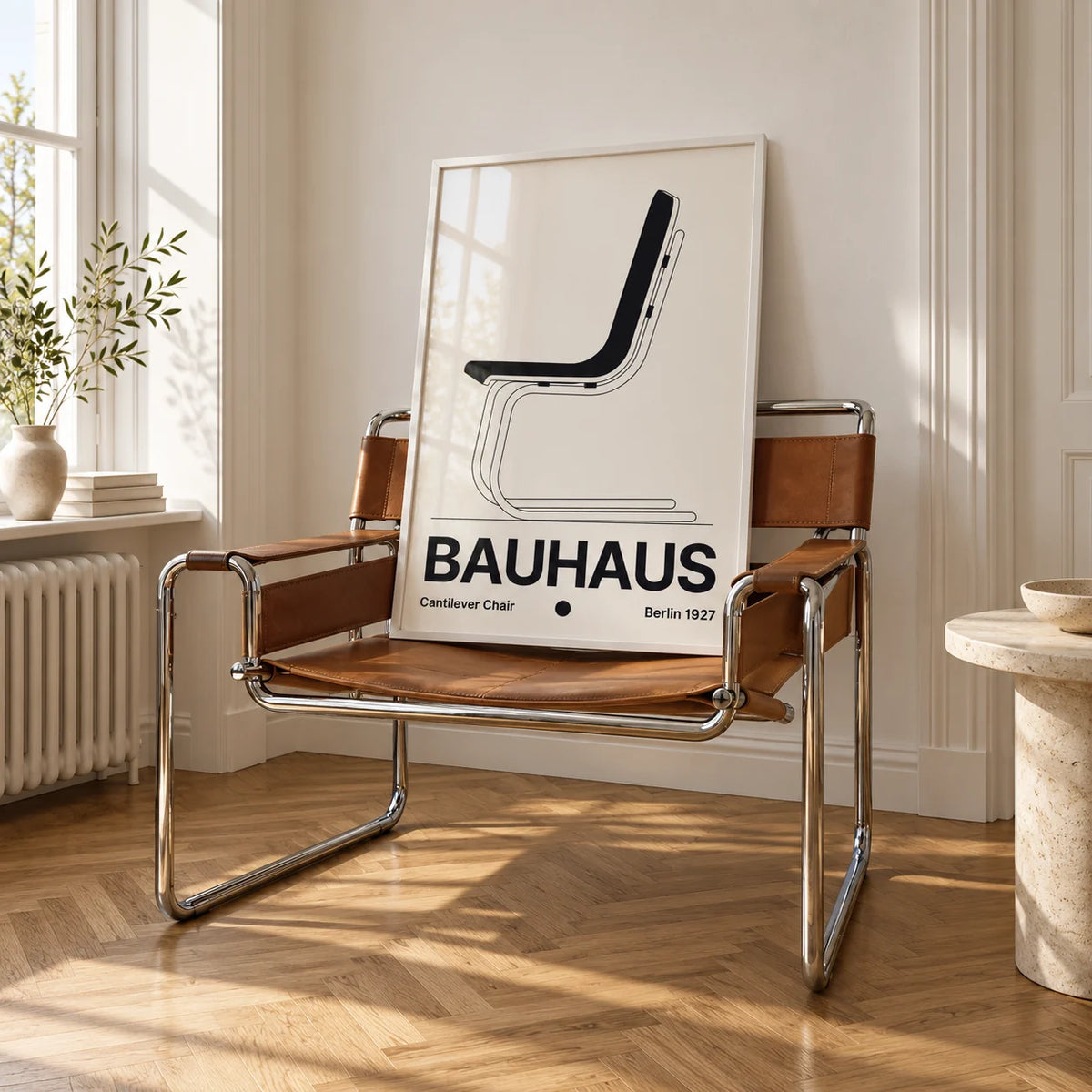 Chair Poster, framed on the wall of a bright white room with tall white walls and warm herringbone oak parquet in soft morning light in a living room