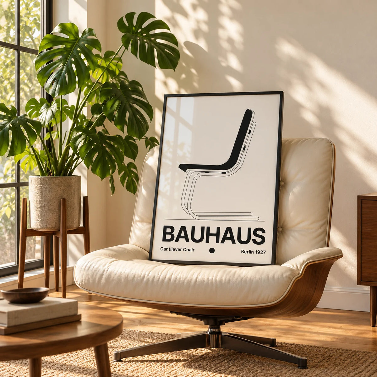 Chair Poster, framed on the wall of a sunny living room corner with a tall window