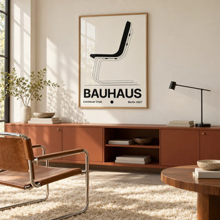 Chair Poster, framed on the wall of a warm minimal room with a cream wall and a shaggy cream rug in a home office