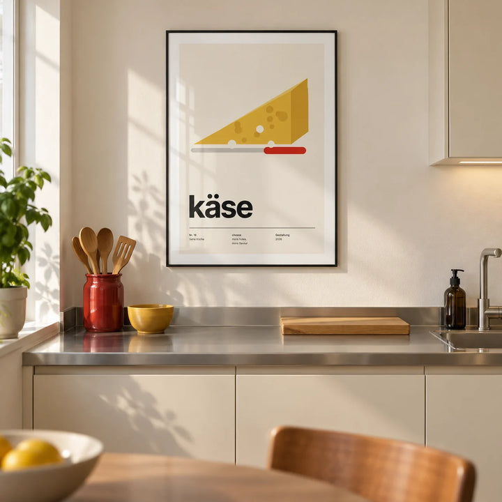 Cheese Poster, framed on the wall of a crisp modern kitchen in a UK first flat (22-28)