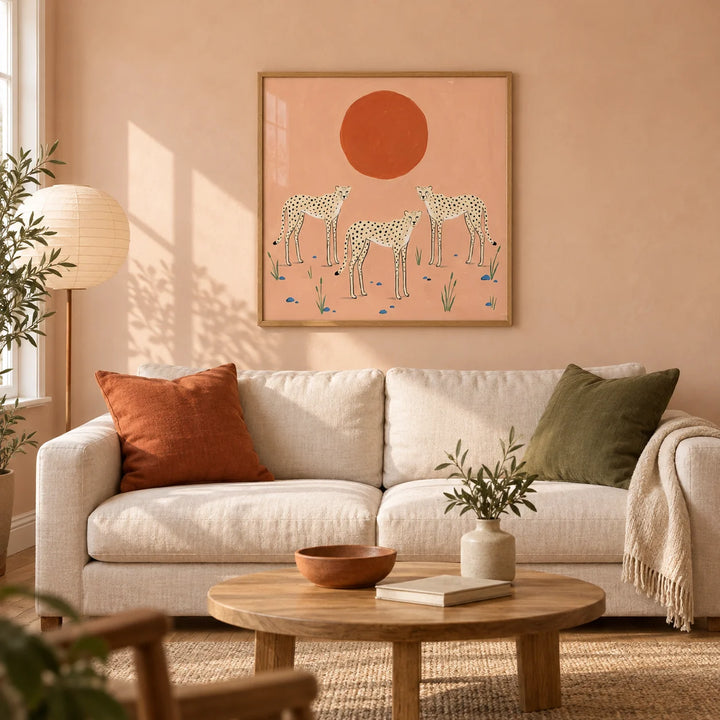 Cheetah Art Print, framed on the wall of a warm contemporary living room in a UK first flat with pale peach plaster walls and an oak floor