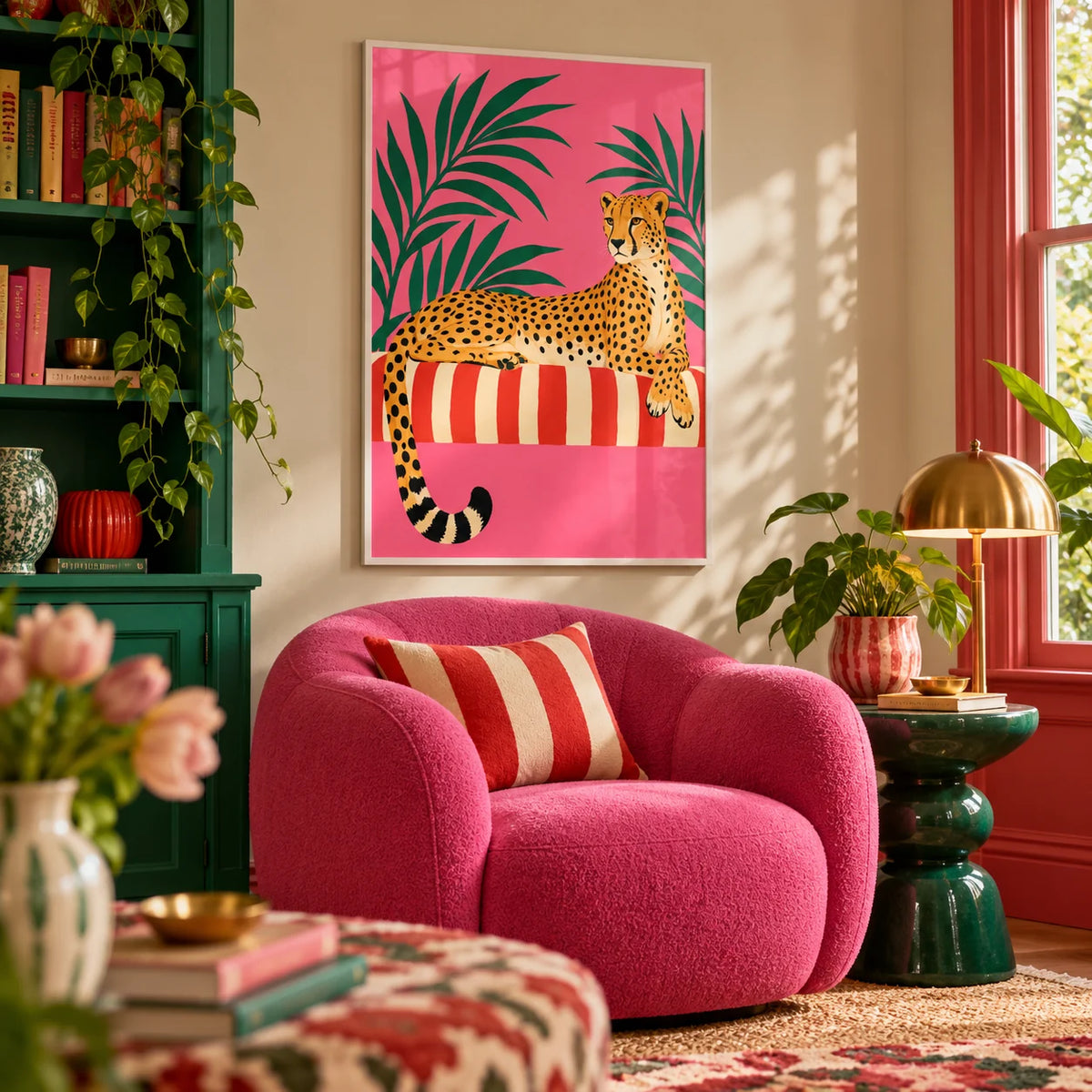 Cheetah Siesta Poster, framed on the wall of a cosy maximalist reading nook in a living room