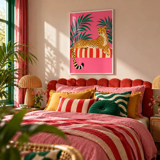 Cheetah Siesta Poster, framed on the wall of a dopamine bedroom