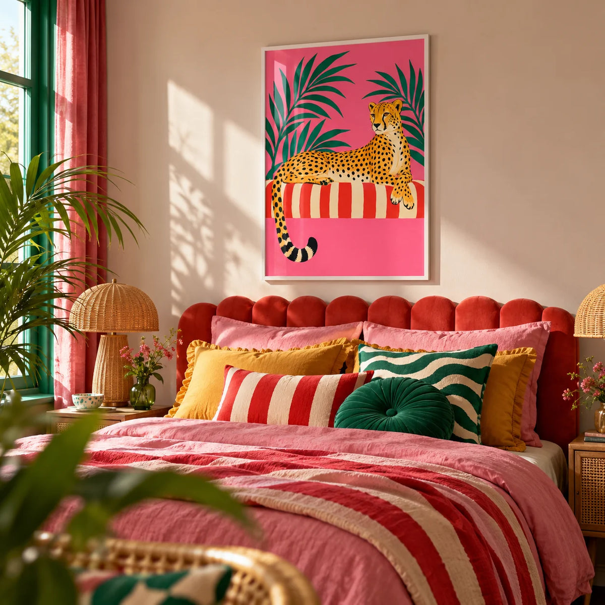 Cheetah Siesta Poster, framed on the wall of a dopamine bedroom