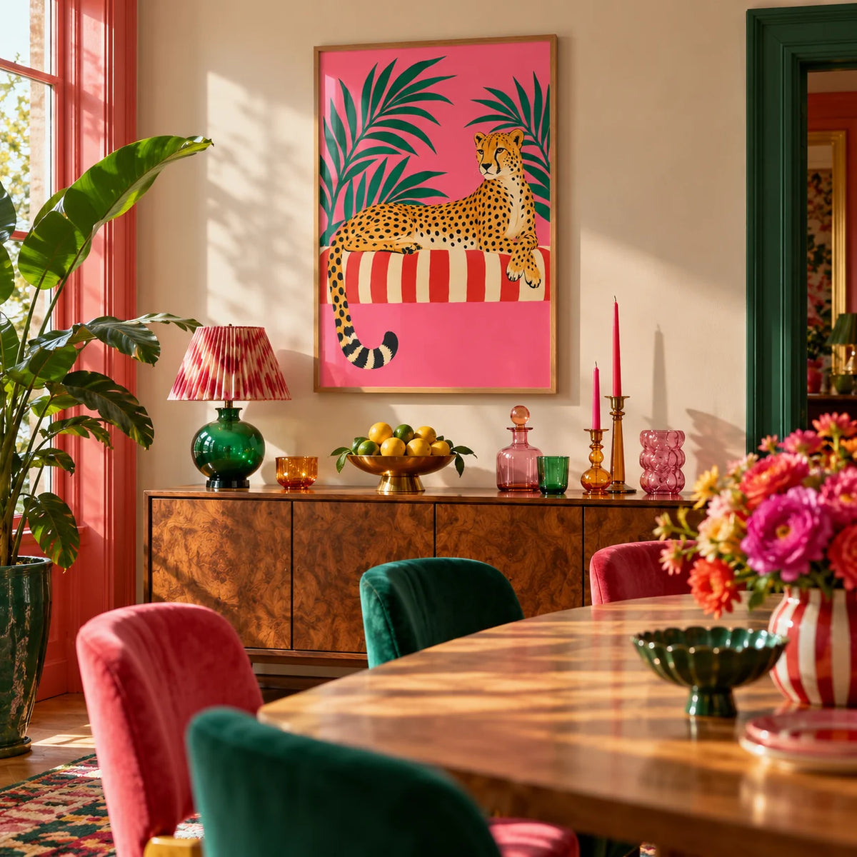 Cheetah Siesta Poster, framed on the wall of a maximalist dining room