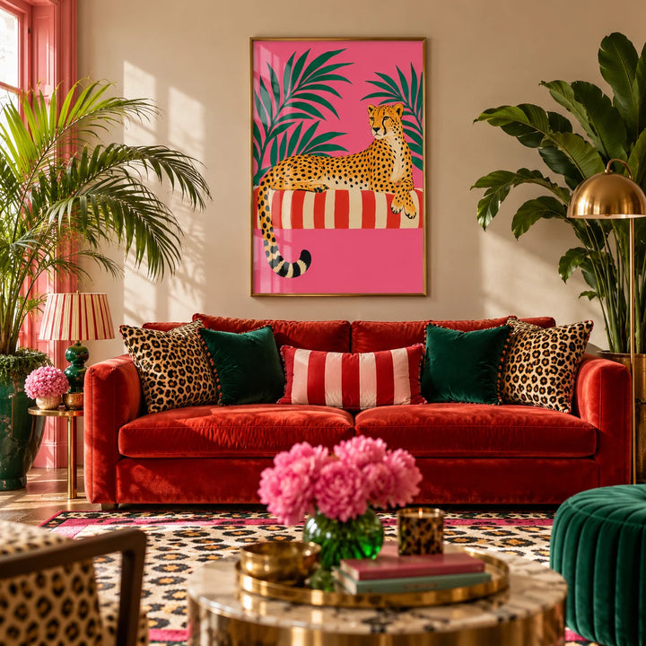 Cheetah Siesta Poster, framed on the wall of a maximalist living room