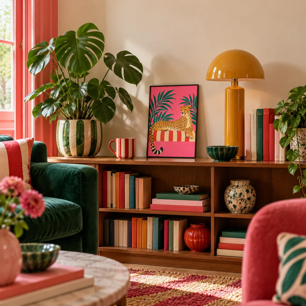 Cheetah Siesta Poster, a small A4 framed print leaning on a low bookshelf in a living room