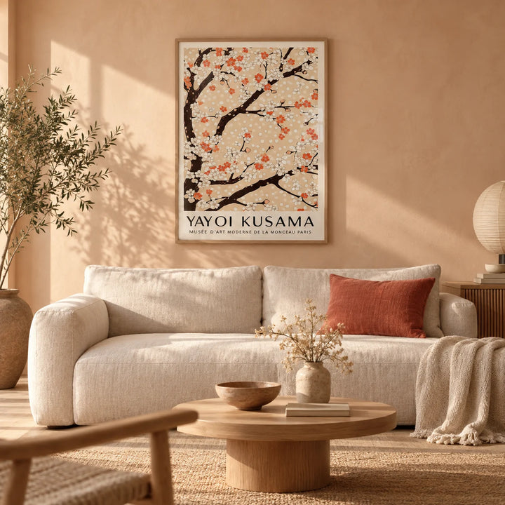 Cherry Blossom Tree Art, framed on the wall of a calm Japandi living room with a warm peach limewash wall and a pale oak floor