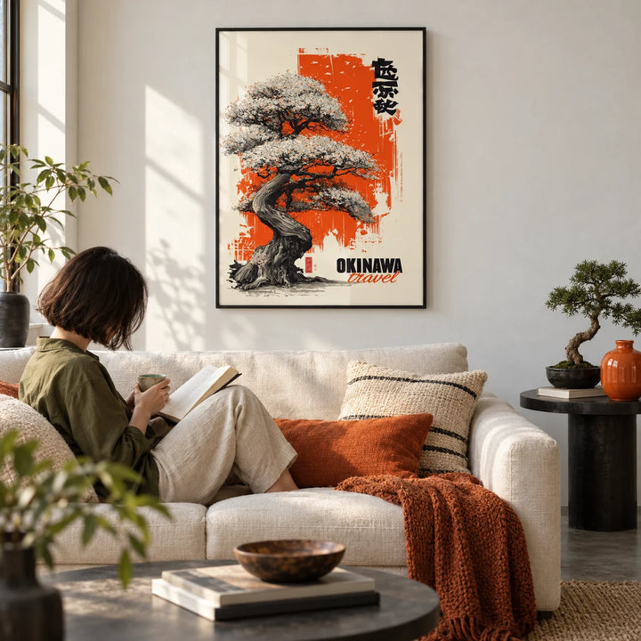 Cherry Blossom Tree Poster, framed on the wall of a crisp city-flat living room with white walls and a concrete floor
