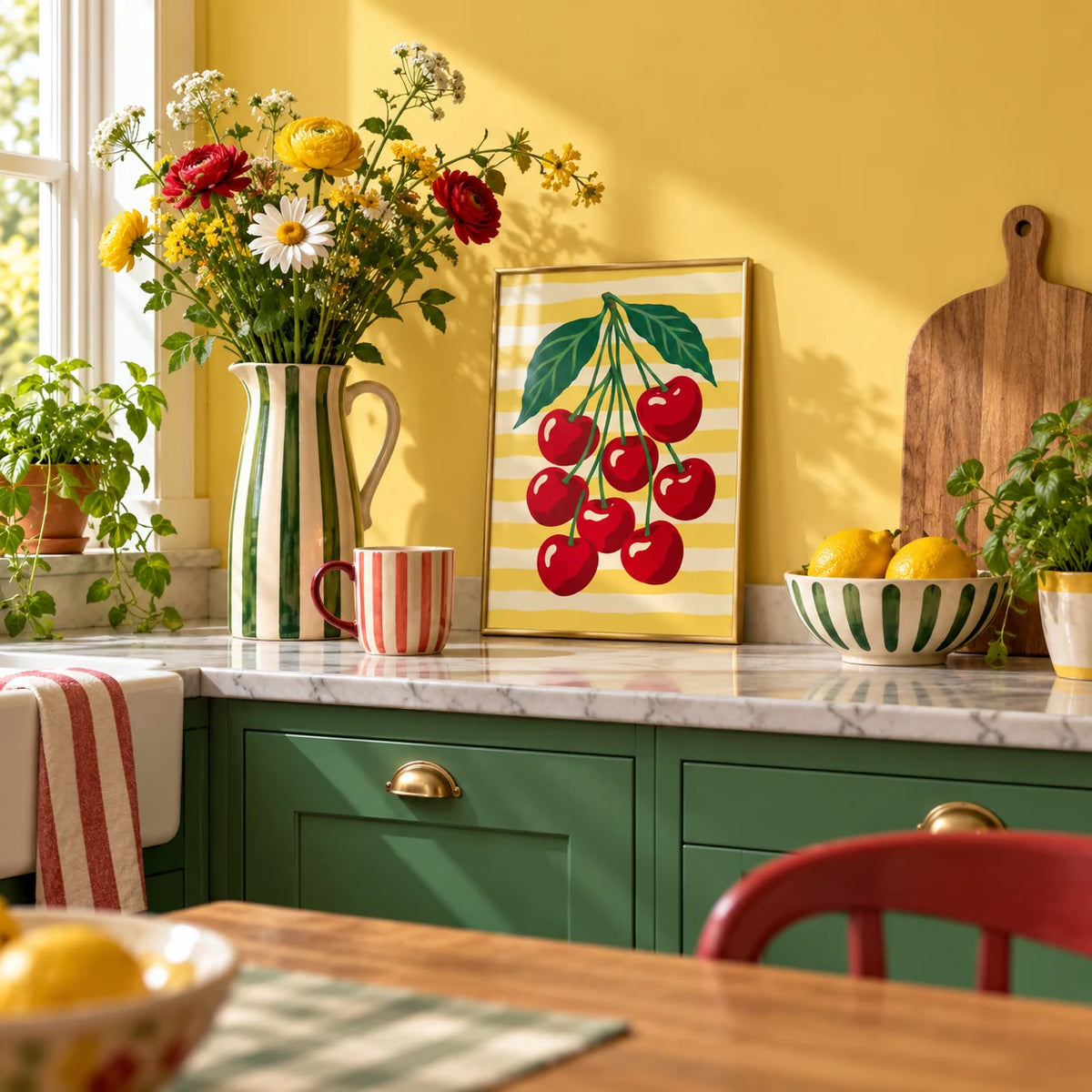 Cherry Bunch Print, a small A4 framed print leaning on a kitchen worktop
