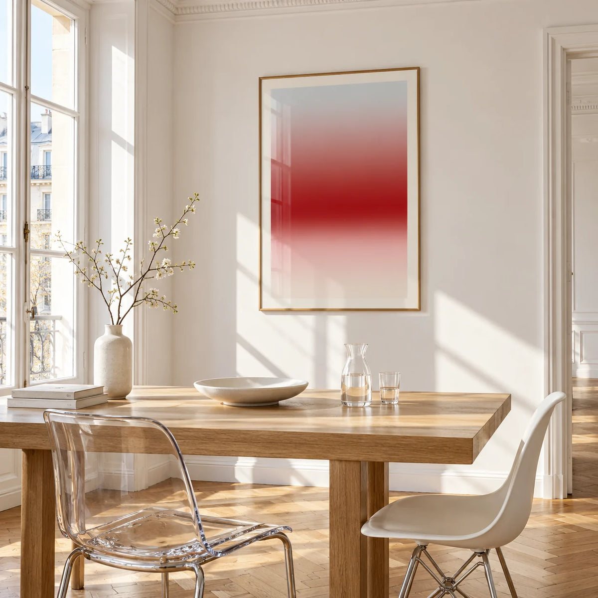 Cherry Glow Print, framed on the wall of a bright dining corner