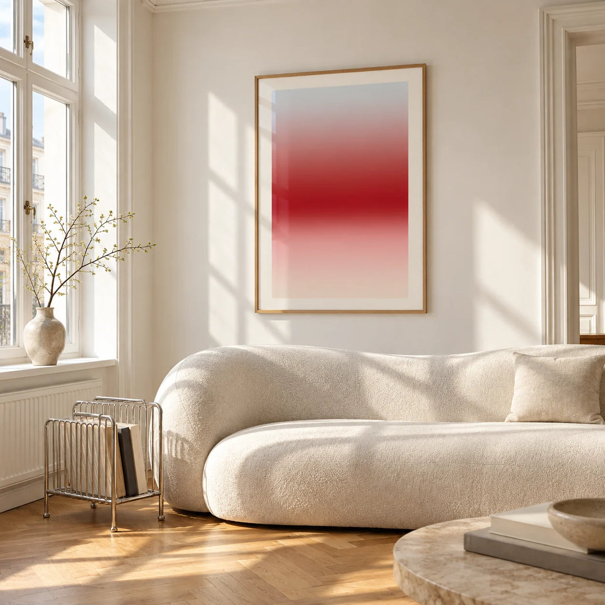 Cherry Glow Print, framed on the wall of a bright living room corner