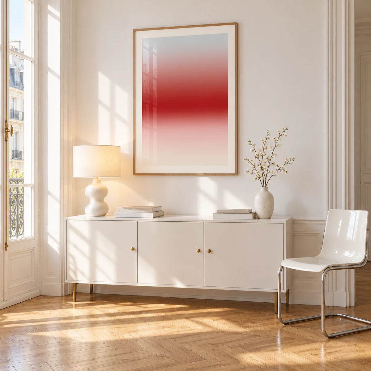 Cherry Glow Print, framed on the wall of a bright Paris style apartment in a living room