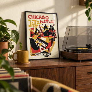 Chicago Jazz Festival Poster, a small A4 framed print leaning on a shelf in a living room