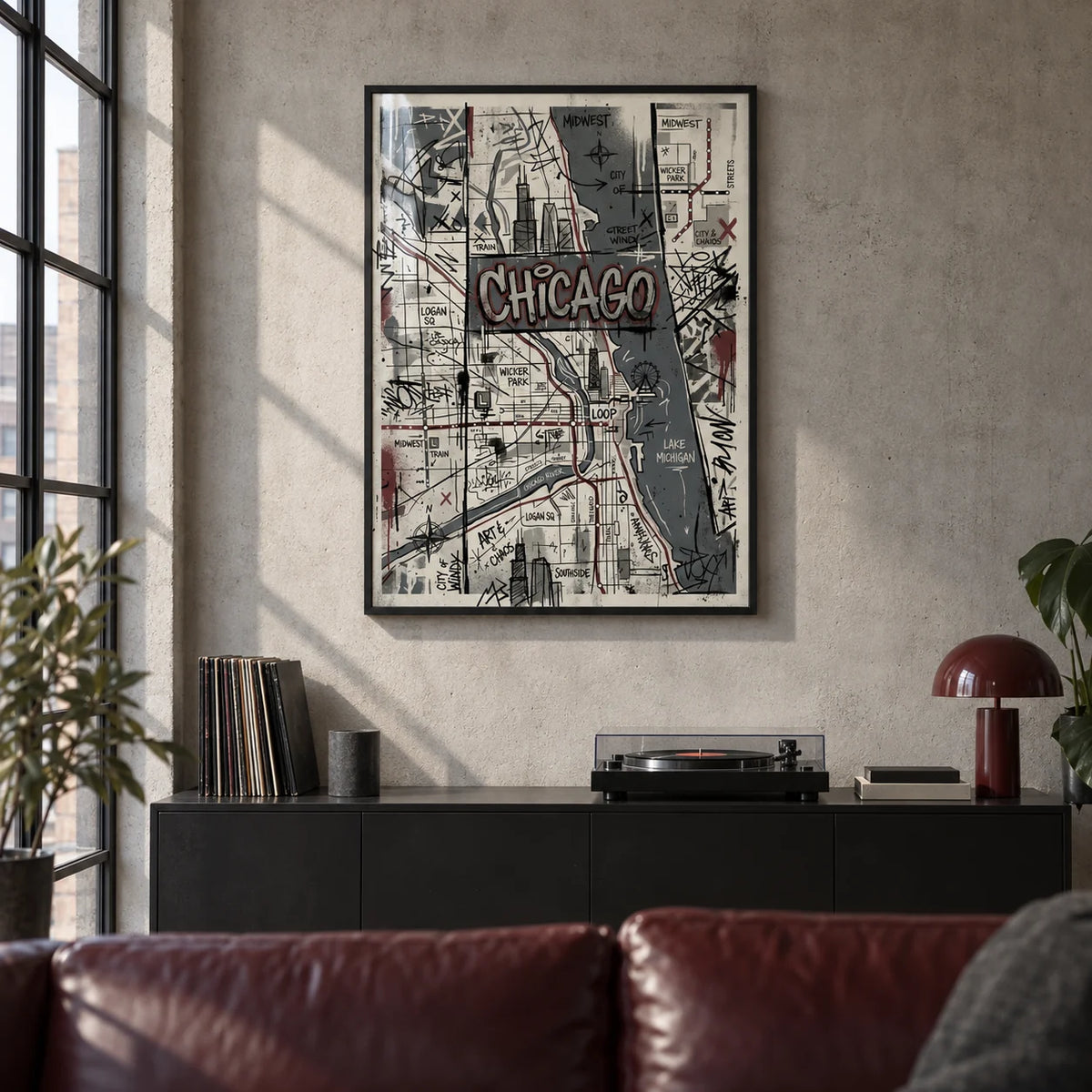 Chicago Street Art, framed on the wall of an industrial city loft living room with a plain grey concrete wall and black steel windows