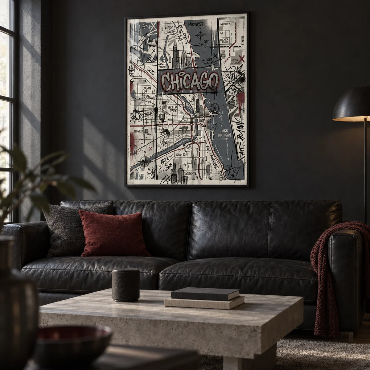 Chicago Street Art, framed on the wall of a man cave den with a deep charcoal wall in a living room