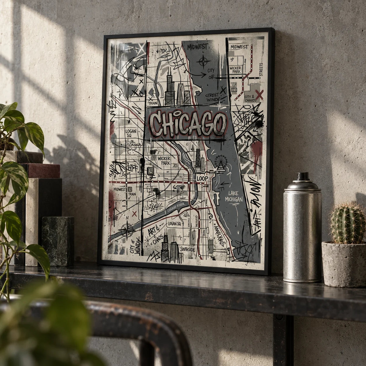 Chicago Street Art, a small A4 framed print leaning on a black steel shelf in a living room