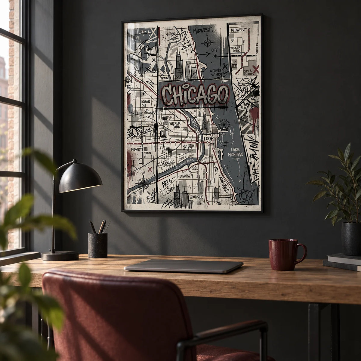 Chicago Street Art, framed on the wall of an urban home office with a charcoal painted wall